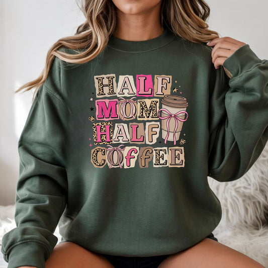 Half mom half coffee DTF transfer with pink bows, leopard print lettering, and cute iced coffee aesthetic