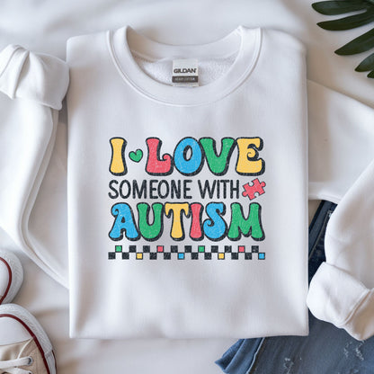 i love someone with autism retro dtf transfer colorful puzzle awareness shirt design
