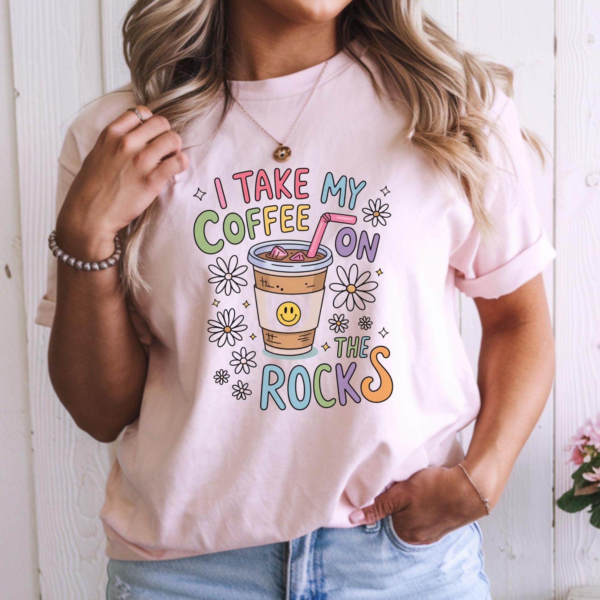 I take my coffee on the rocks iced coffee cute floral DTF transfer colorful mom shirt design
