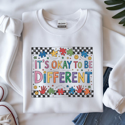 its okay to be different dtf transfer checkered rainbow puzzle autism awareness colorful shirt design
