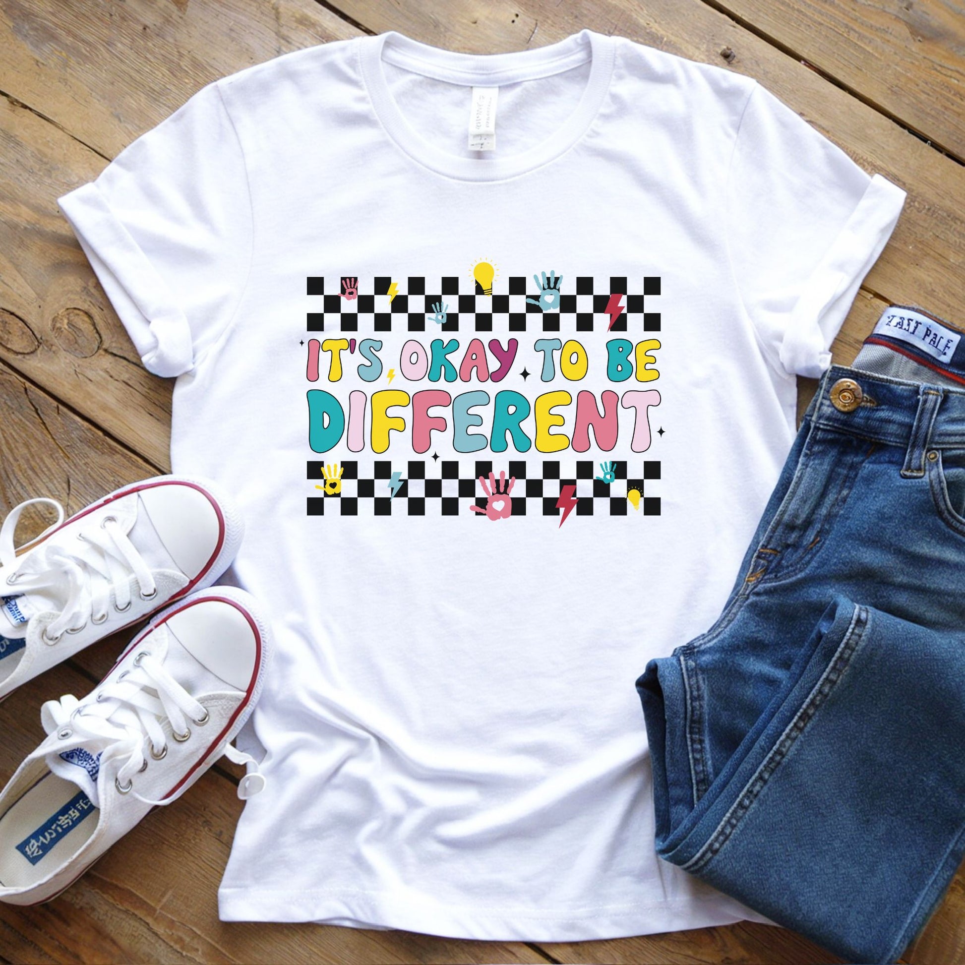its okay to be different dtf transfer checkered handprints colorful autism awareness shirt design
