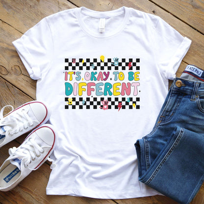 its okay to be different dtf transfer checkered handprints colorful autism awareness shirt design
