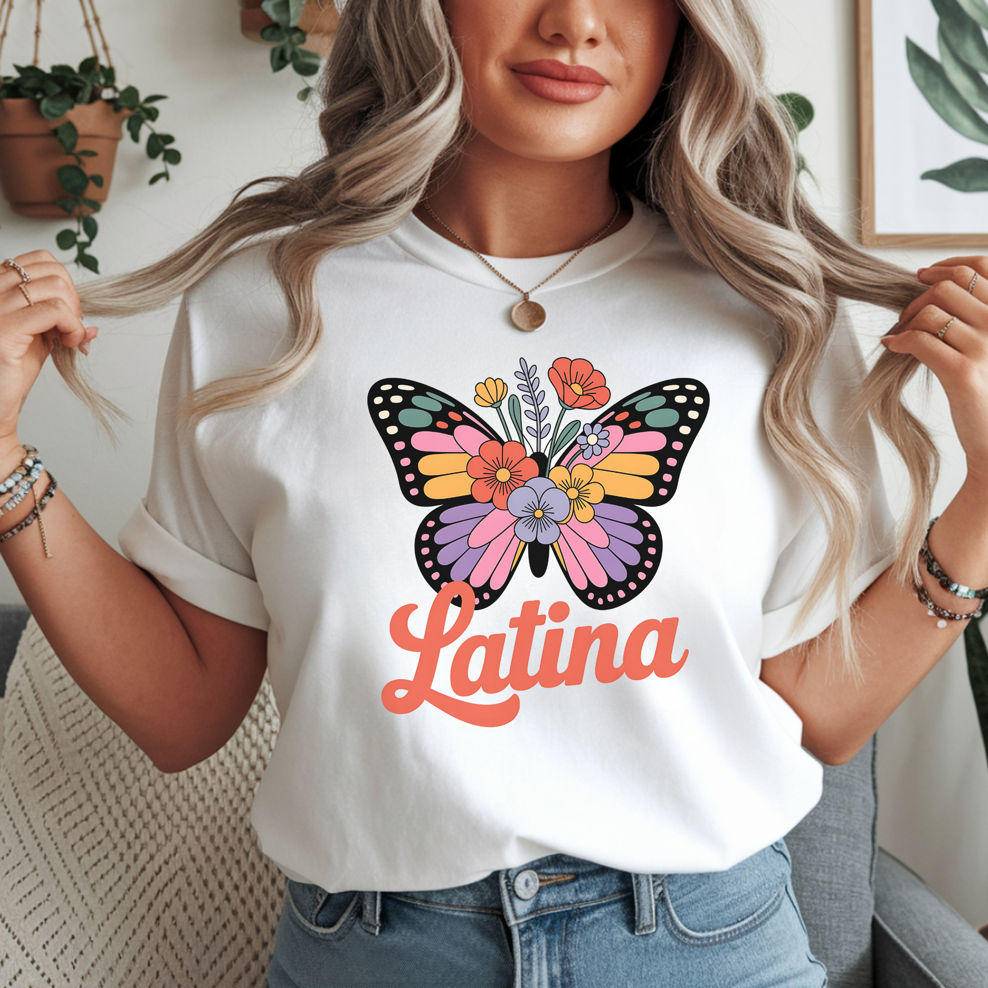 Latina butterfly flowers graphic design on sweatshirt mockup ready to press DTF transfer