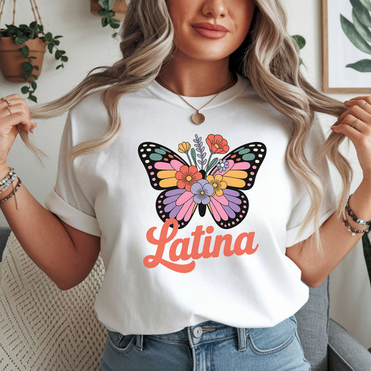 Latina butterfly flowers graphic design on sweatshirt mockup ready to press DTF transfer