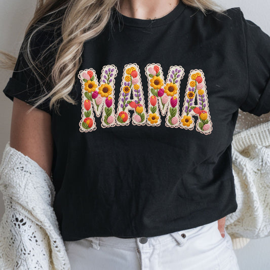 Mama faux yarn embroidery DTF transfer with floral stitched lettering and colorful crochet-inspired details