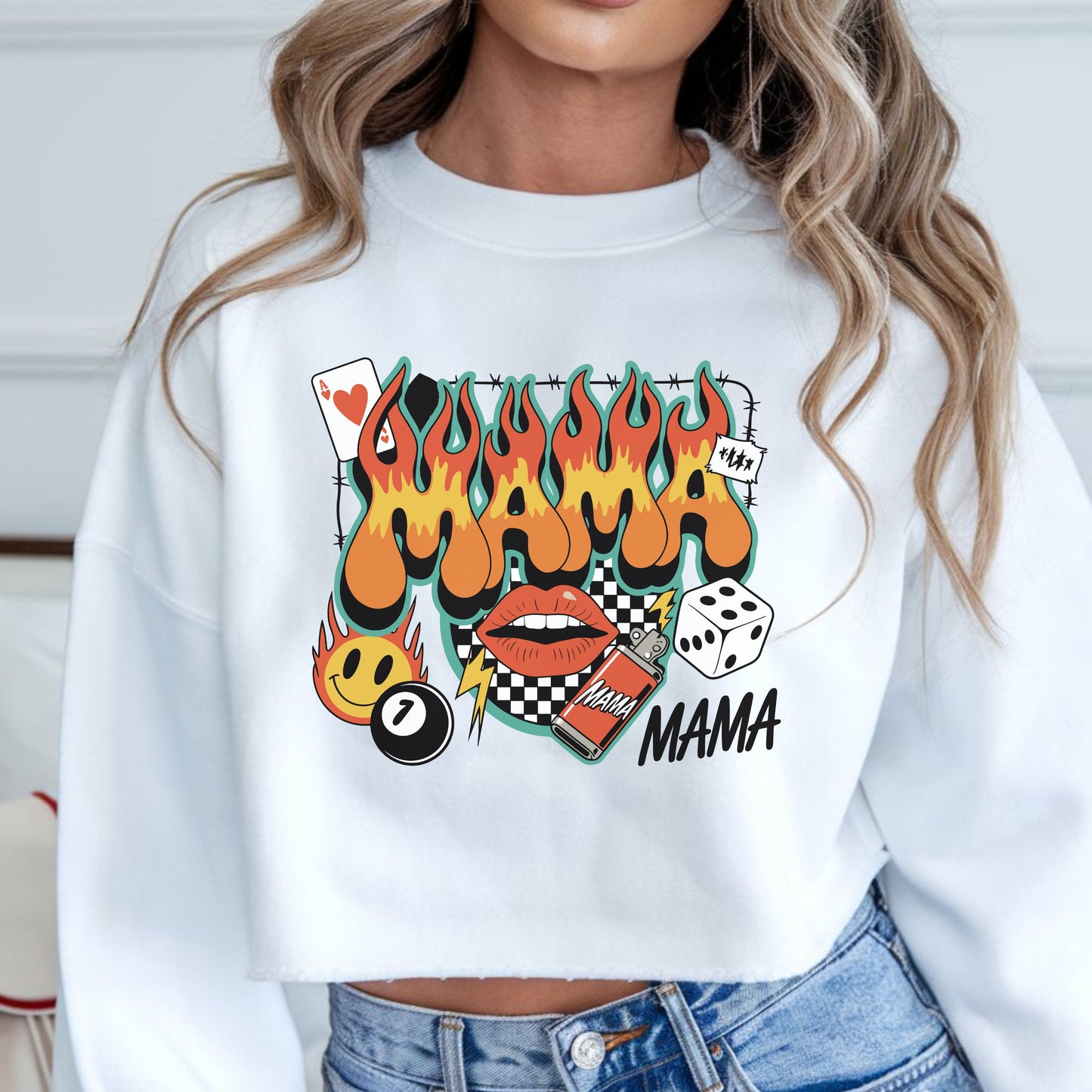Mama flames graphic with lips dice and checkerboard DTF transfer edgy street style mom shirt design
