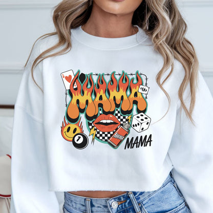Mama flames graphic with lips dice and checkerboard DTF transfer edgy street style mom shirt design
