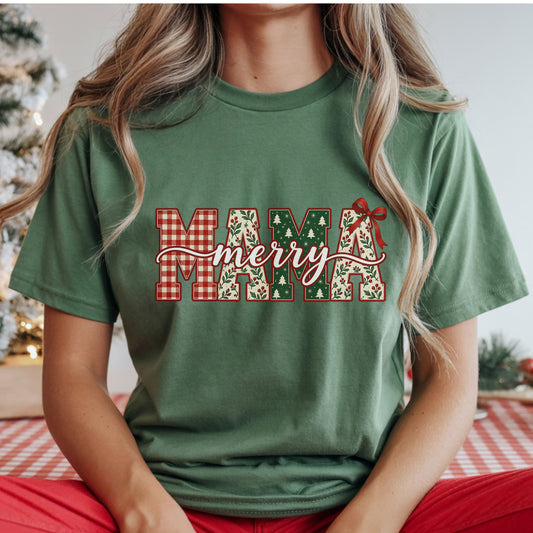 “Merry Mama” with large varsity letters filled with red gingham, leafy berry sprigs and green Christmas tree patterns, finished with white script and a red bow.