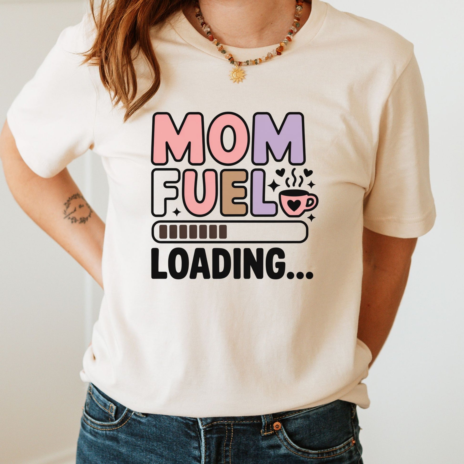 Mom fuel loading DTF transfer with coffee cup graphic, pastel lettering, and loading bar design