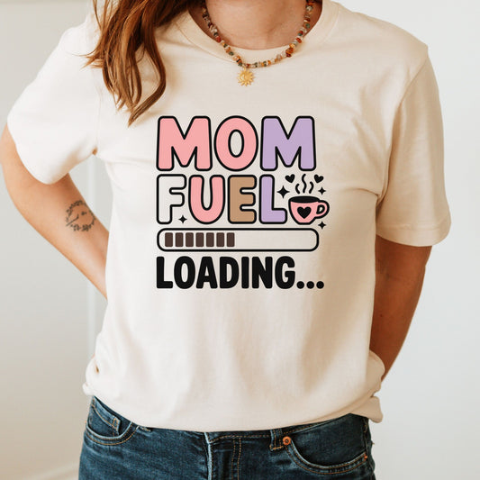 Mom fuel loading DTF transfer with coffee cup graphic, pastel lettering, and loading bar design