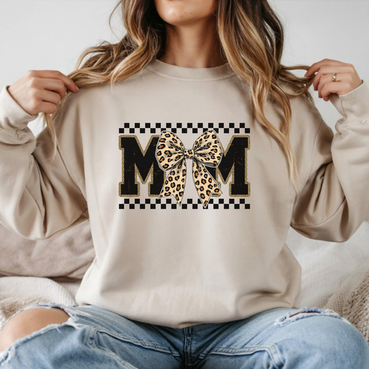 Mom leopard bow graphic with checkered pattern design on sweatshirt mockup ready to press DTF transfer