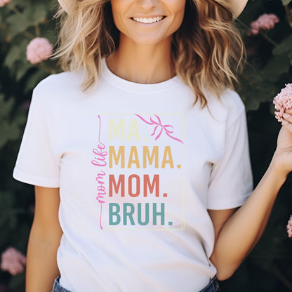 Coquette mom life Ma Mama Mom Bruh DTF transfer pastel feminine bow design for trendy mom t-shirt or hoodie
