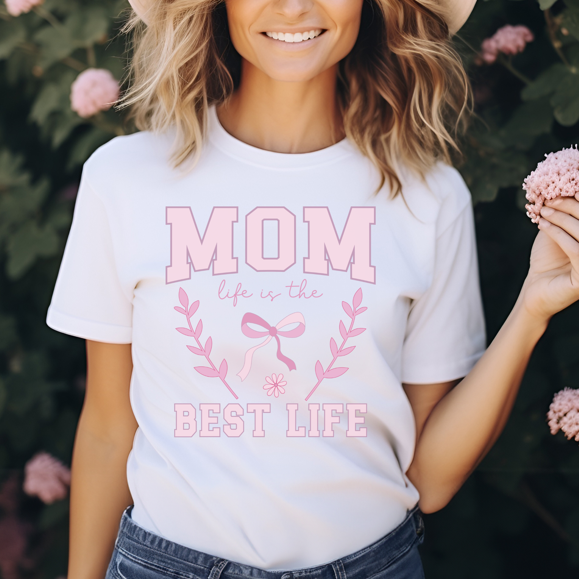 Mom life is the best life pink bow floral graphic design on white t-shirt mockup ready to press DTF transfer