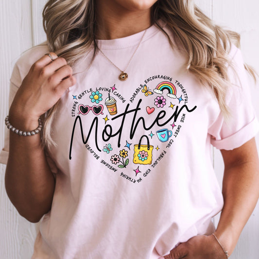 Colorful mother heart collage DTF transfer with flowers, rainbow, coffee cup, and uplifting motherhood words