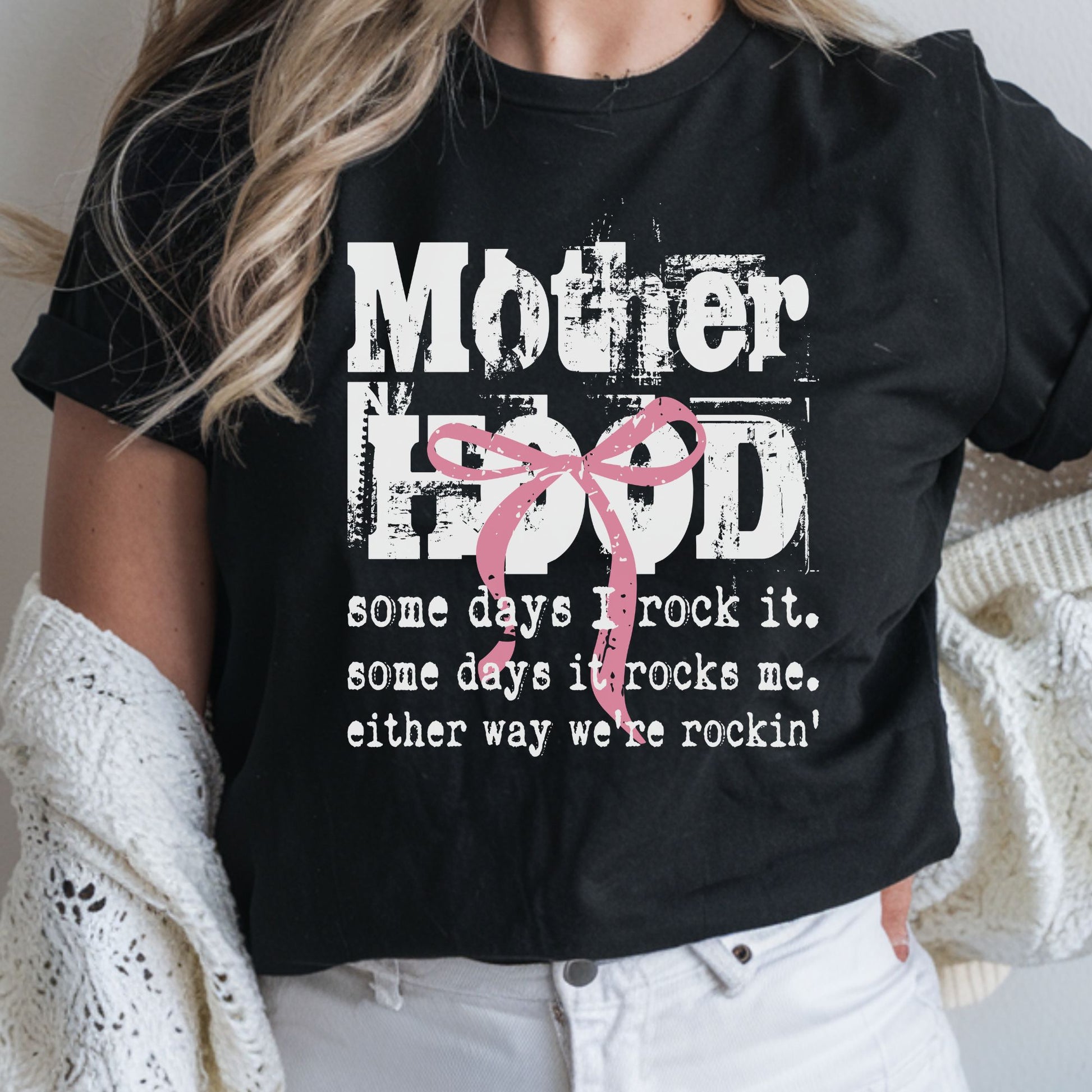 Motherhood distressed DTF transfer with pink coquette bow and grunge vintage typography
