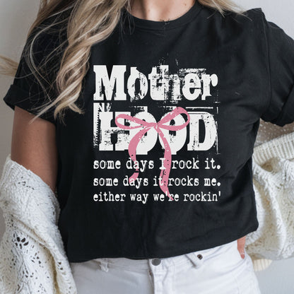 Motherhood distressed DTF transfer with pink coquette bow and grunge vintage typography