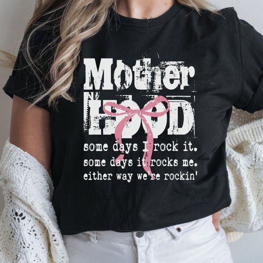Motherhood distressed DTF transfer with pink coquette bow and grunge vintage typography