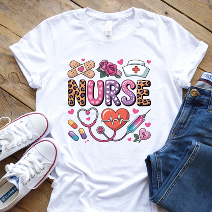 Nurse hearts medical graphic with stethoscope syringe pills and nurse hat design on white t-shirt mockup ready to press DTF transfer