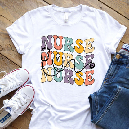 Retro wavy nurse typography graphic with stethoscope design on white t-shirt mockup ready to press DTF transfer