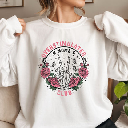 Overstimulated moms club skeleton peace sign DTF transfer with roses edgy mom graphic for t-shirt or hoodie
