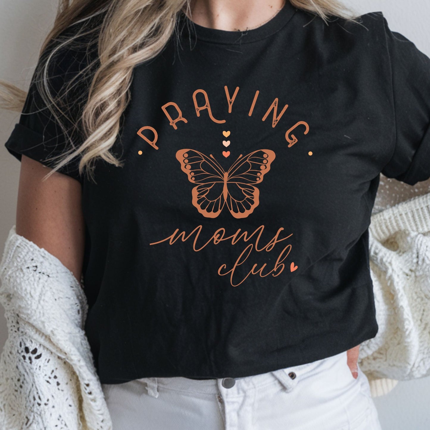Praying moms club DTF transfer with butterfly graphic, minimalist script lettering, and faith-inspired mom aesthetic.