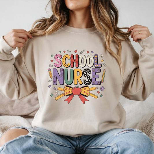 School nurse colorful graphic with bow pencils and apple design on sweatshirt mockup ready to press DTF transfer