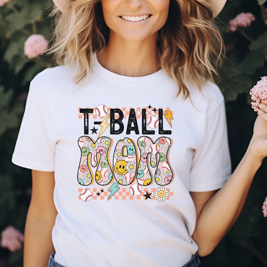 T-ball mom groovy smiley daisy baseball DTF transfer colorful sports mom shirt design
