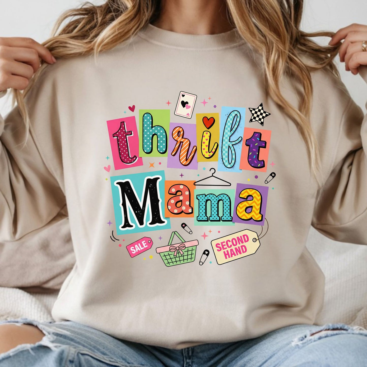 Colorful thrift mama collage DTF transfer with retro lettering, shopping tags, and secondhand aesthetic