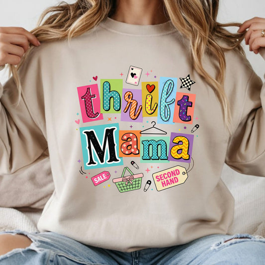 Colorful thrift mama collage DTF transfer with retro lettering, shopping tags, and secondhand aesthetic