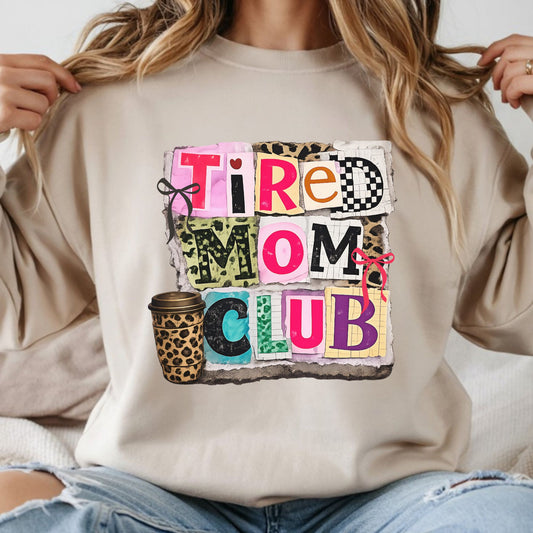 Tired mom club collage DTF transfer with mixed pattern lettering, bows, leopard print coffee cup, and trendy mom aesthetic