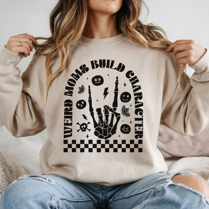 Weird moms build character skeleton hand DTF transfer edgy alternative mom graphic with checkered design

