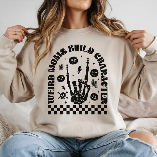Weird moms build character skeleton hand DTF transfer edgy alternative mom graphic with checkered design

