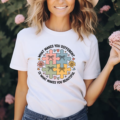 what makes you different autism puzzle dtf transfer colorful puzzle pieces inspirational autism awareness design for tee or hoodie