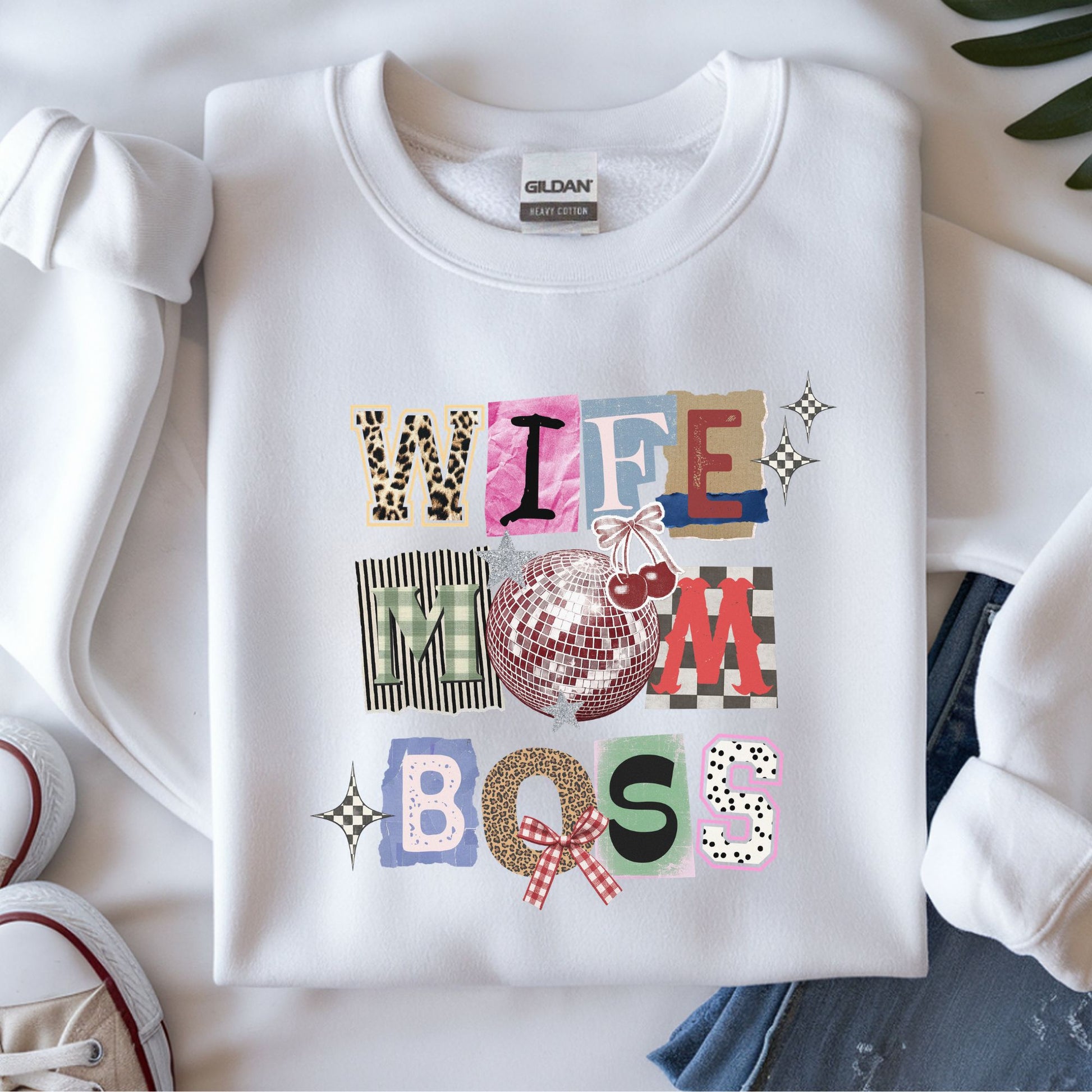 Wife mom boss collage DTF transfer with disco ball, cherries, mixed pattern lettering, and trendy retro aesthetic