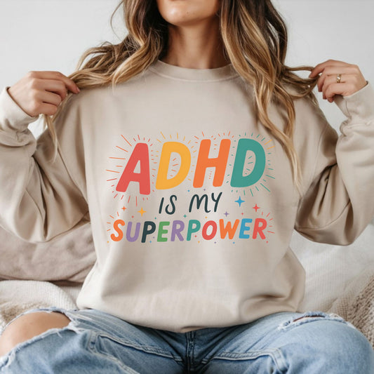 ADHD Is My Superpower DTF transfer featuring bold colorful retro lettering with playful stars and accent lines, perfect for ADHD shirts, neurodivergent apparel, sweatshirts, tote bags, and mental health awareness designs.