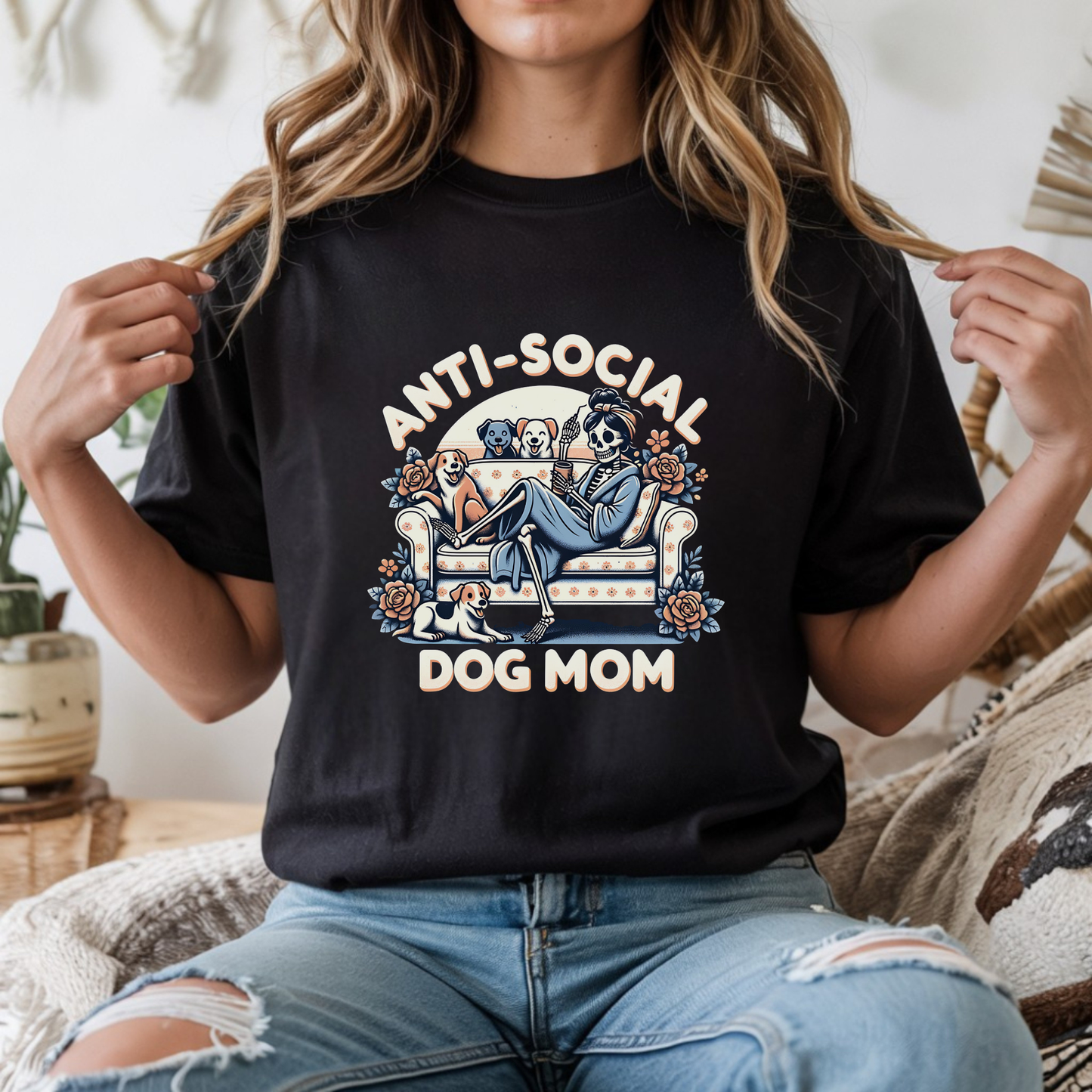 Anti Social Dog Mom DTF transfer design pressed on a black graphic t-shirt mockup featuring dog lover artwork