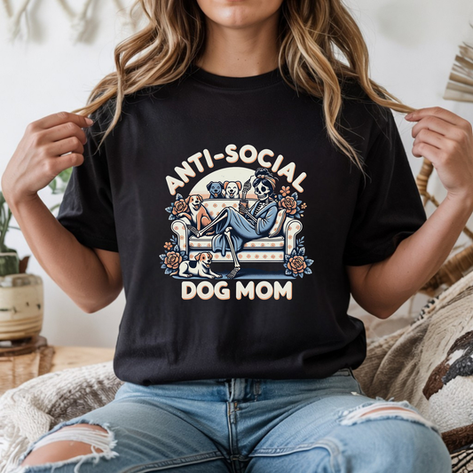 Anti Social Dog Mom DTF transfer design pressed on a black graphic t-shirt mockup featuring dog lover artwork