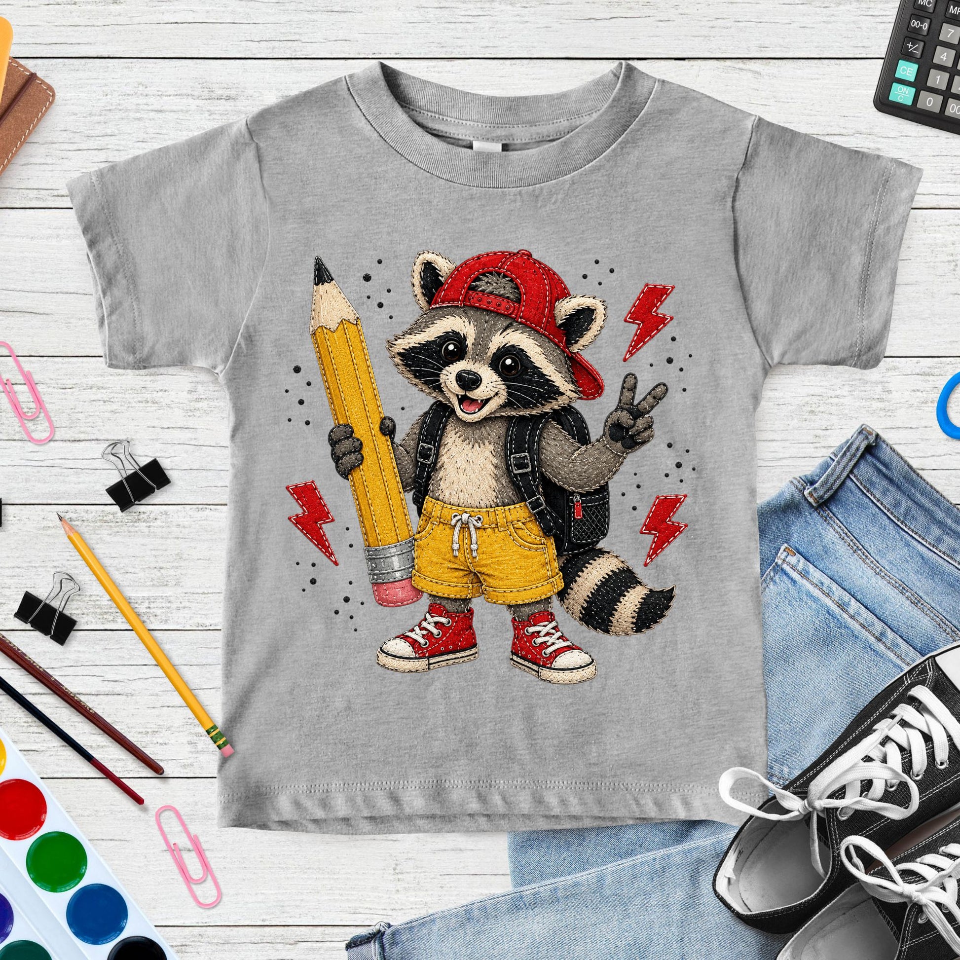 Back-to-school design featuring a cool raccoon wearing a red cap, backpack, yellow shorts, and sneakers while holding a large pencil and giving a peace sign.