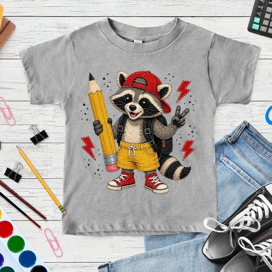 Back-to-school design featuring a cool raccoon wearing a red cap, backpack, yellow shorts, and sneakers while holding a large pencil and giving a peace sign.