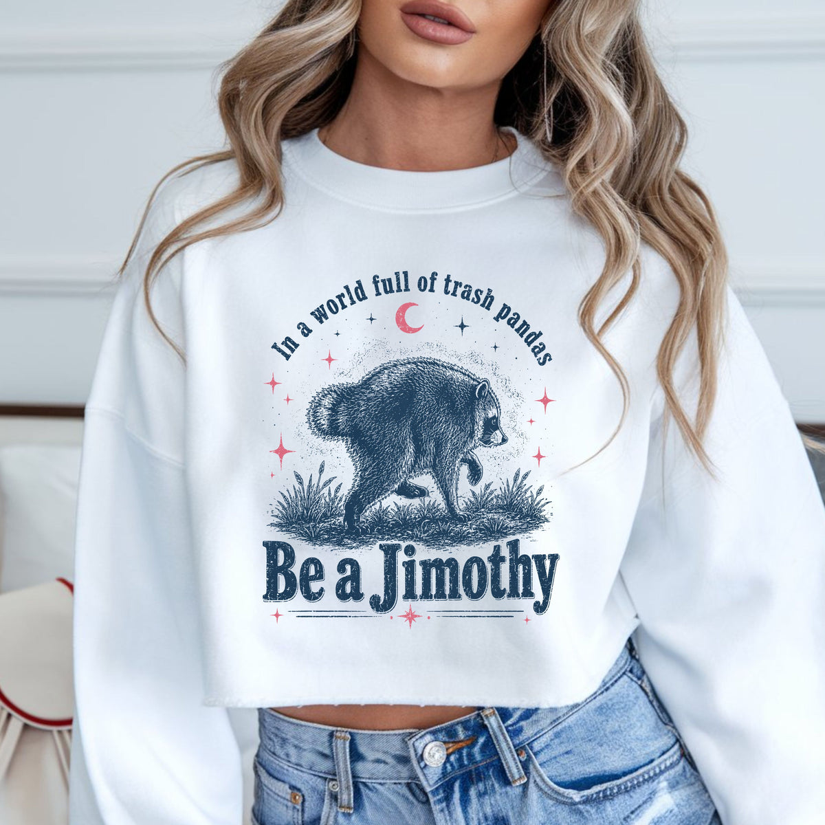 Be a Jimothy raccoon DTF transfer featuring a blue vintage-style raccoon, pink moon and stars, and the phrase “In a world full of trash pandas, Be a Jimothy” for funny raccoon shirts, sweatshirts, and quirky animal apparel.