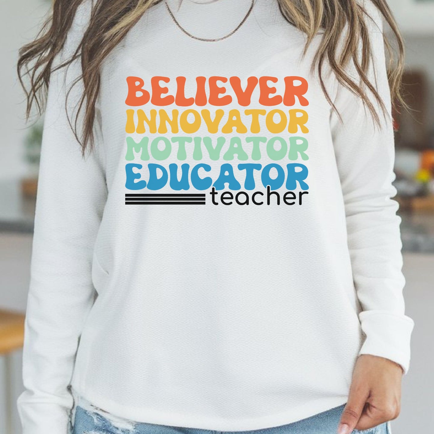 Believer Innovator Motivator Educator teacher DTF transfer featuring stacked retro lettering in orange, yellow, mint, blue, and black.
