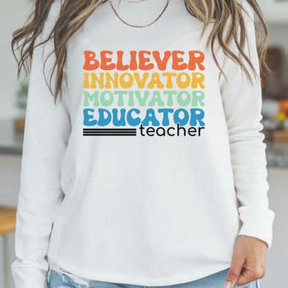Believer Innovator Motivator Educator teacher DTF transfer featuring stacked retro lettering in orange, yellow, mint, blue, and black.