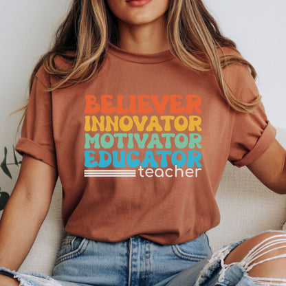 Believer Innovator Motivator Educator teacher design featuring stacked retro lettering in orange, mustard, mint, and blue with clean white teacher text and simple vintage stripe accents.