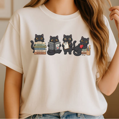 Cute black cat teacher design featuring four classroom cats with lesson plan books, teacher planner, classroom goals clipboard, apple, pencils, gradebook, student progress notes, and school supplies.