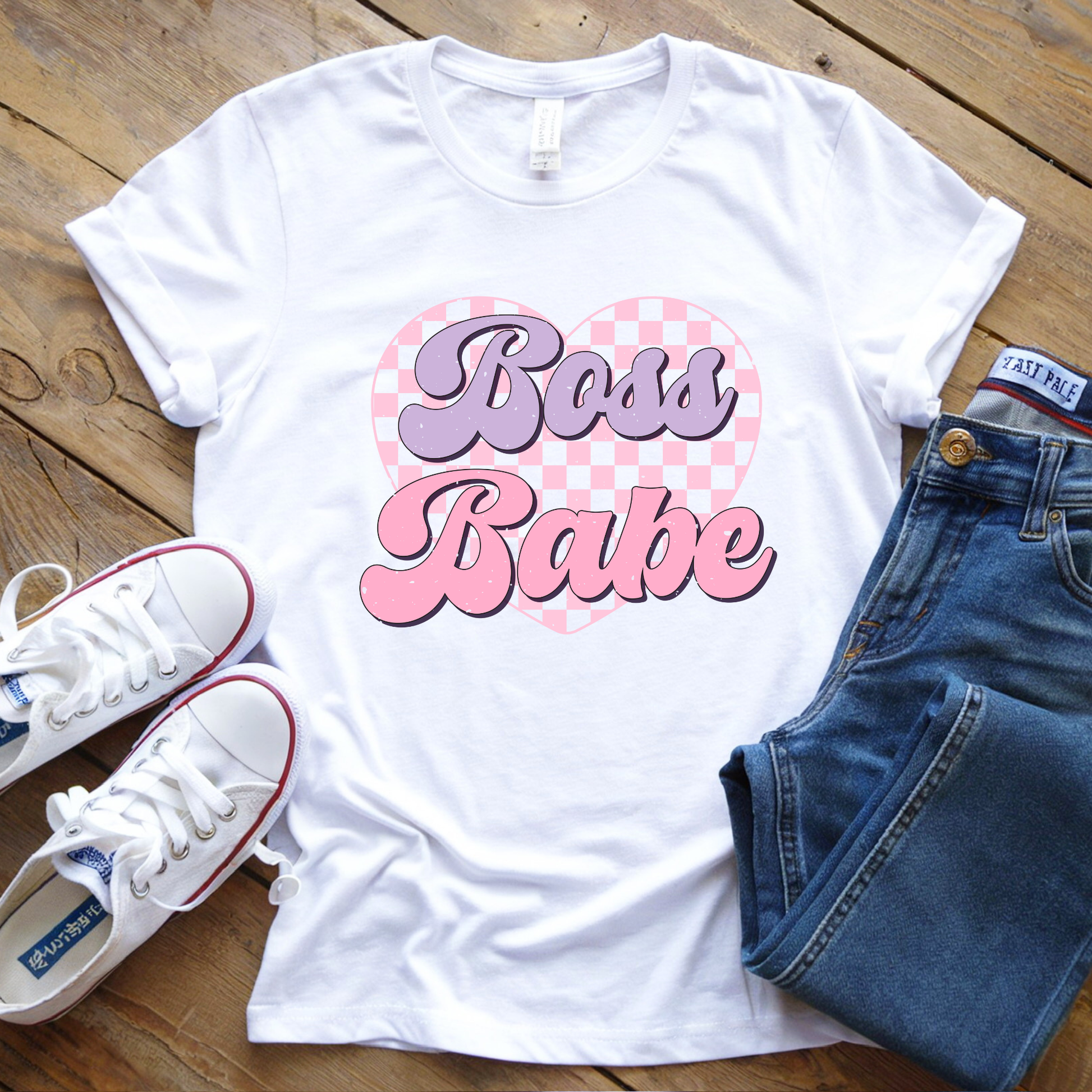 Boss Babe ready-to-press DTF transfer applied to t-shirt mockup