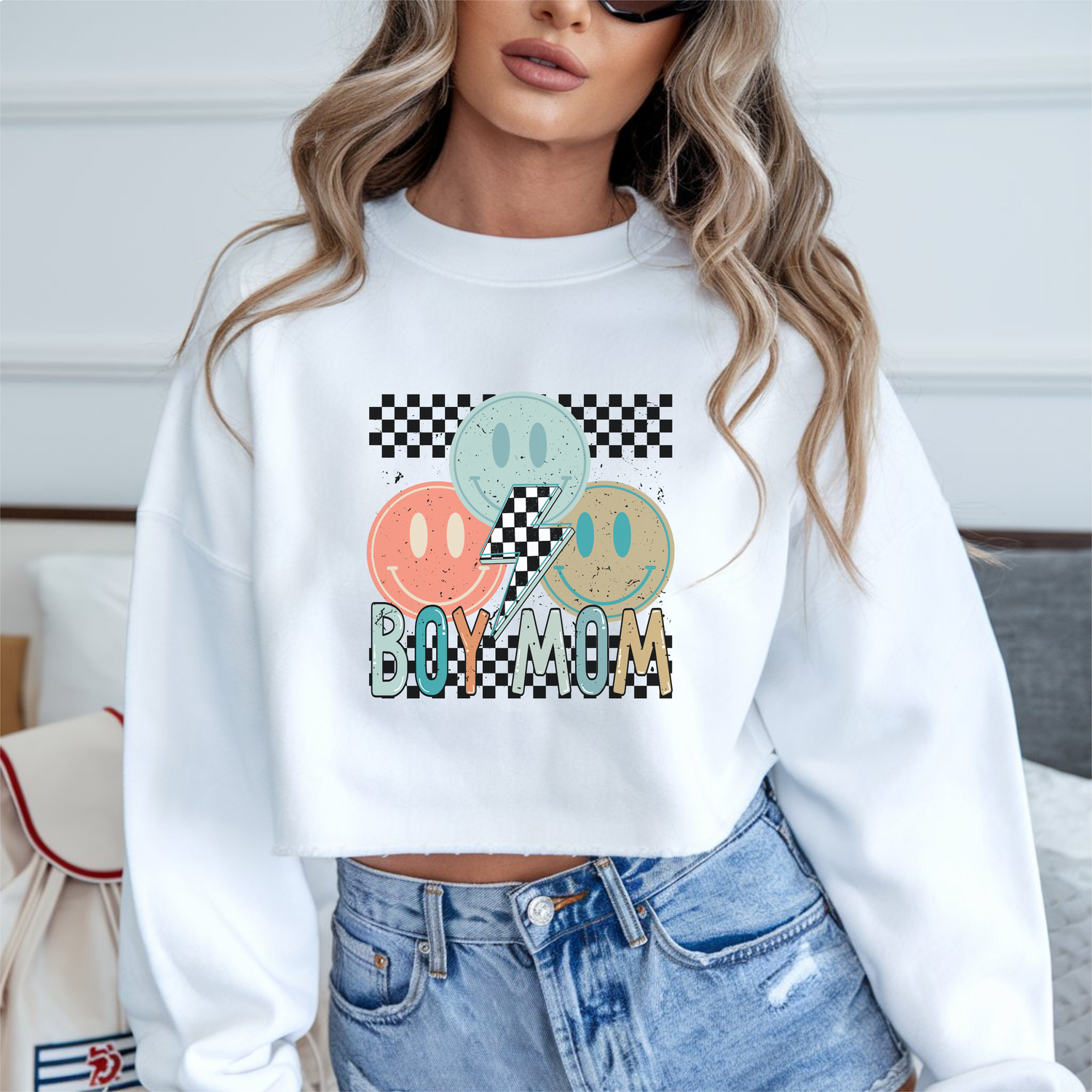 Boy Mom Smiley Checkered DTF transfer design pressed on a unisex graphic t-shirt mockup