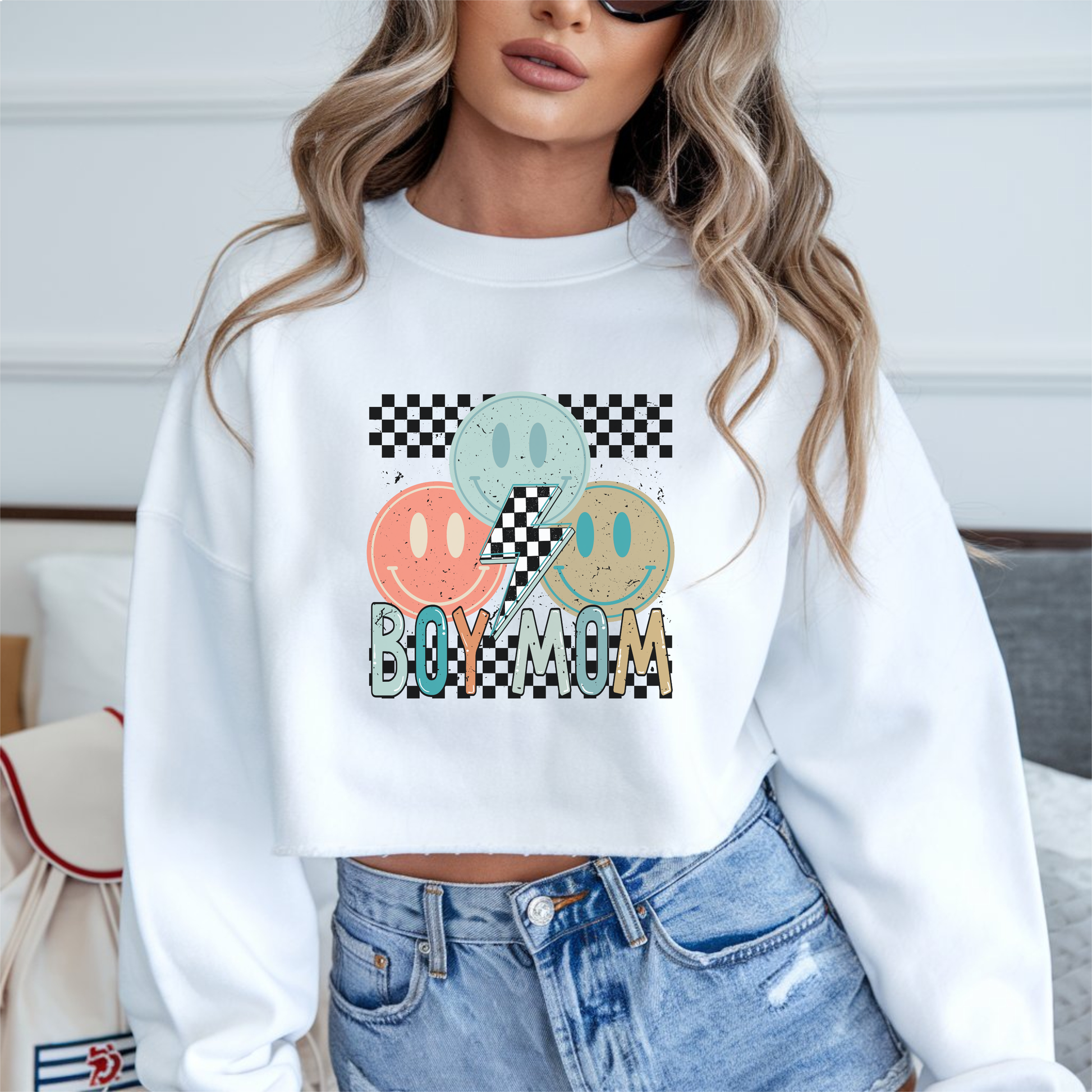 Boy Mom Smiley Checkered DTF transfer design pressed on a unisex graphic t-shirt mockup