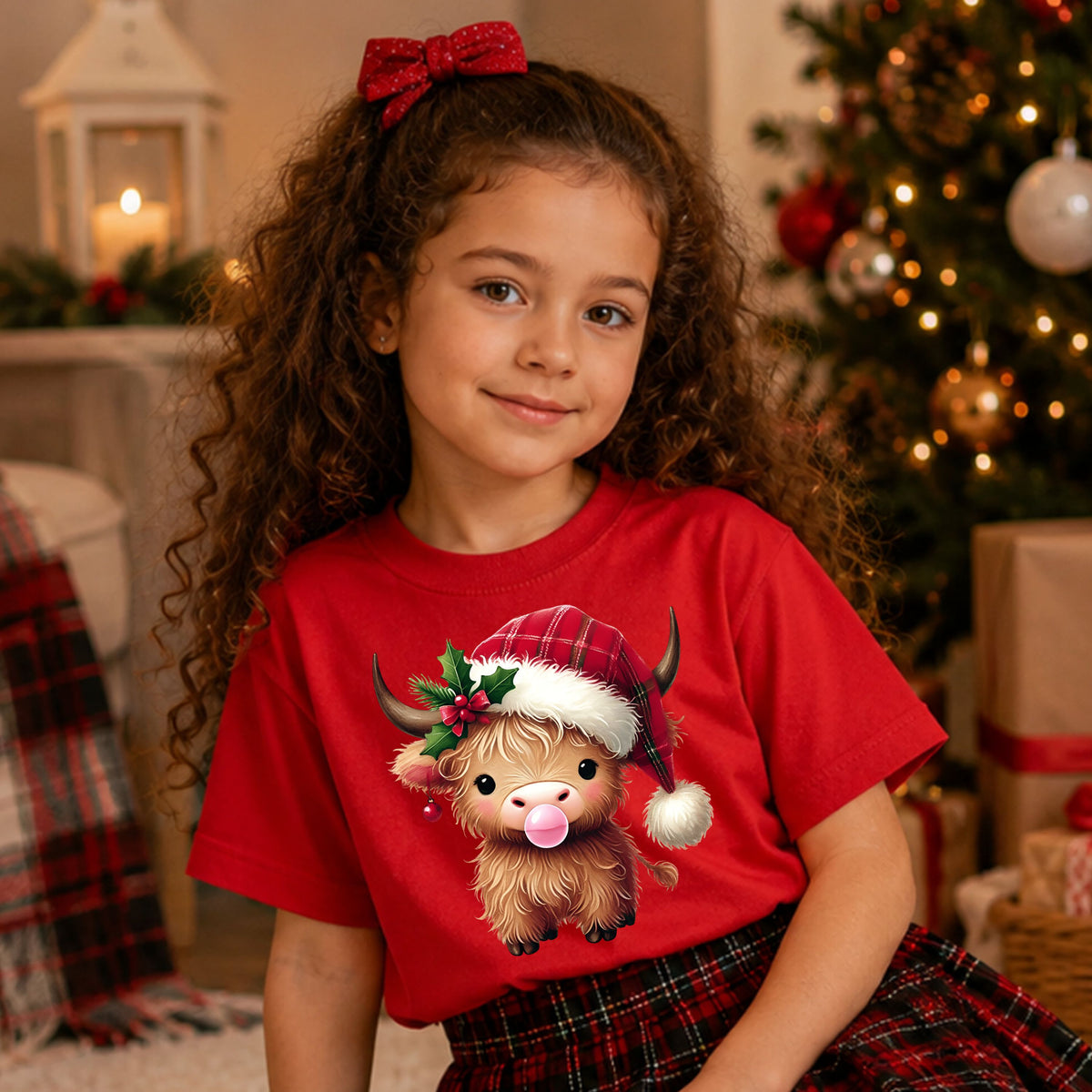 Brown Highland cow blowing pink bubblegum, wearing a red plaid Santa hat with holly and a red bow, plus a red ornament hanging from its ear.