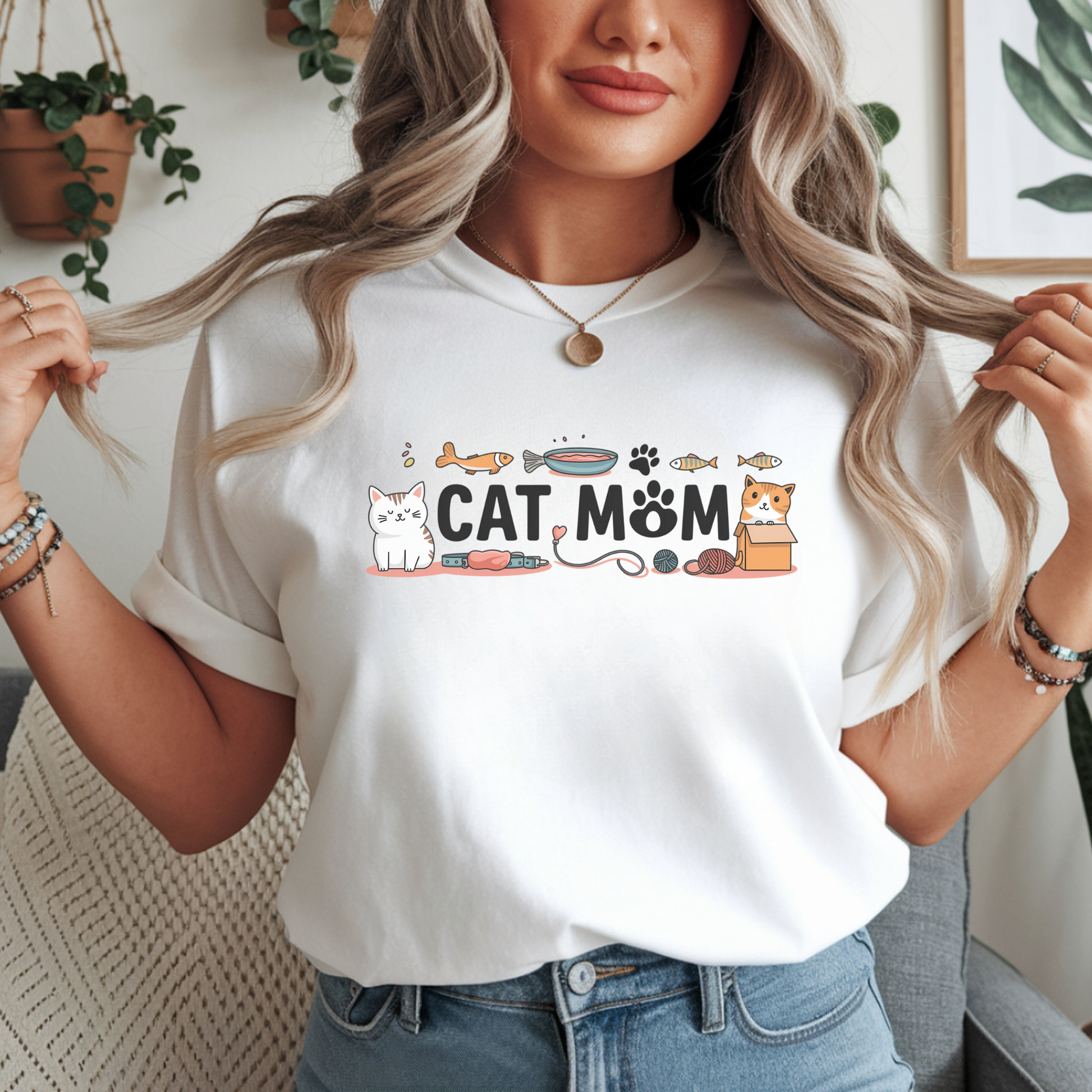 Cat Mom DTF transfer pressed on neutral graphic tee mockup