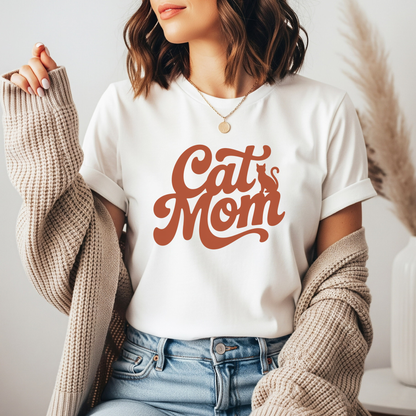 Cat Mom red script DTF transfer design pressed on a unisex graphic t-shirt mockup